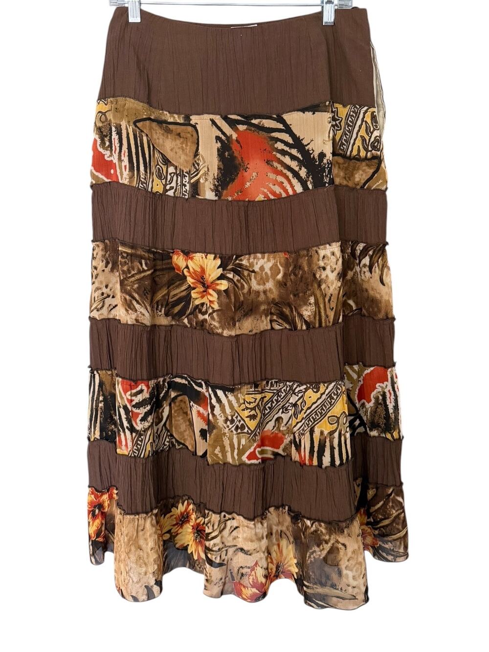 Basler Germany Boho Tiered Crinkle Midi Skirt Women's 10 Brown Floral Patchwork